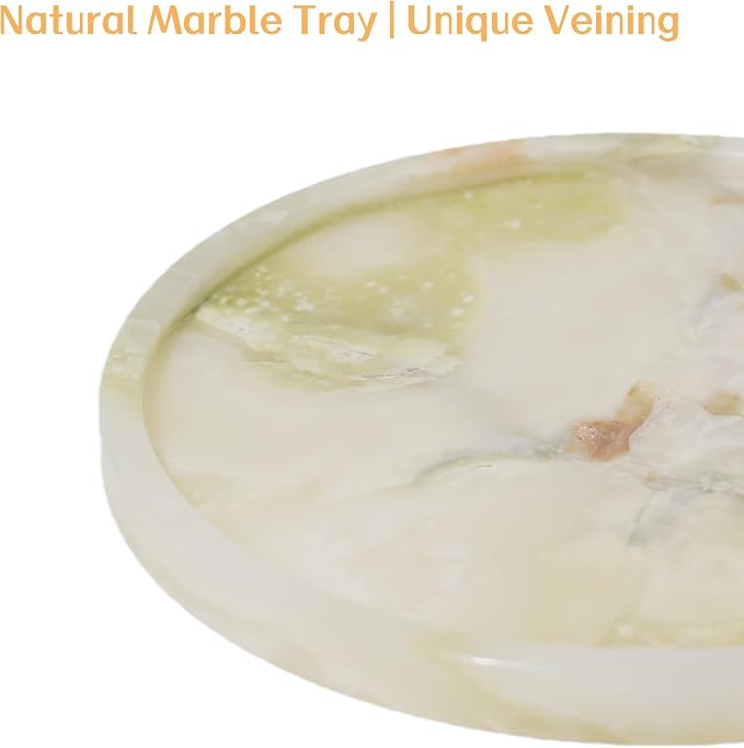 Natural Marble Vanity Tray, Round, 8.3 Inch, Green Jade | Anti-Slip Pads, For Bathroom, Jewelry & Perfume Display, Coffee Table Decor