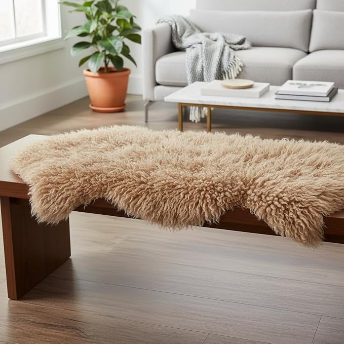 Premium Genuine Sheepskin Rug – Soft & Fluffy Single Pelt (2’ x 3’) Lambskin Area Rug for Bedroom or Living Room – Made in Argentina (Light Beige)