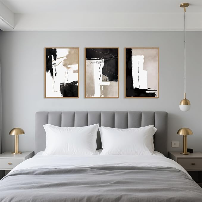 Black White Brown Framed Canvas Wall Art Set, Neutral Geometric Wall Decor, Modern Abstract Wall Painting, Minimalist Artworks for Living Room, Bedroom, Dining Room, Office-16 x24 x3