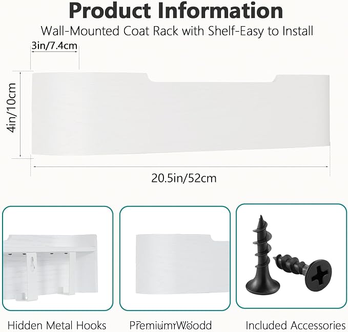Coat Rack Wall Mount with Hidden Hooks Modern Key Holder Wood Entryway Hook with Shelf for Bedroom Kitchen Hallway Bathroom Designed for Hanging Coats Hats Bags Towels Dog Leashe(White,5 Hooks)