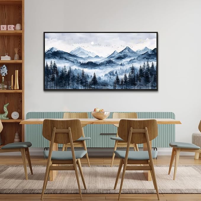 ERQINHUA Black Framed Canvas Wall Art For Bedroom Large Wall Decorations For Living Room Modern Office Mural Misty and Fog Forest Painting Mountain Landscape Pictures Artworks Home Decor 20x40 In