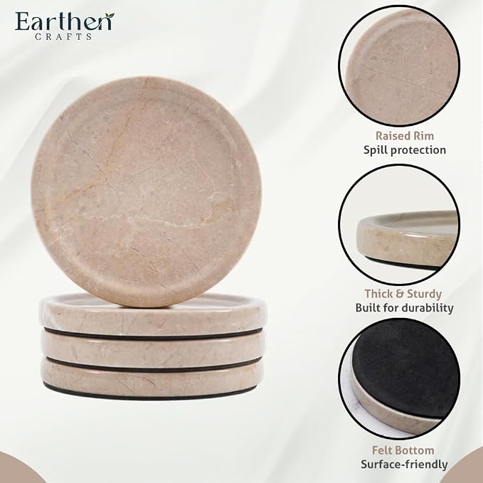 Marble Coasters Set of 4 Beige 4 Inches Round Coaster Set Natural Stone Drink Coasters, Coaster for Drinks, Coffee Table, Kitchen, Bar Décor