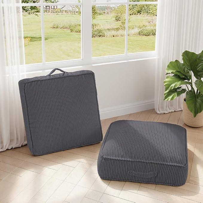 Meditation Floor Pillow for Adults, 8" Extra Thick Floor Cushion for Sitting with Washable Cover, Large Corduroy Meditation Pillow, 24 inches Tatami Seat with Handle for Yoga Pillow, Black