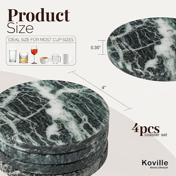 Koville Marble Coasters, Round Modern Coaster Set of 4 for Drinks, 4" Stone Coaster Heat Resistant, Decorative Marble Coasters for Coffee Table Home Bar Decor, Gift Choice(Verde Alpi)