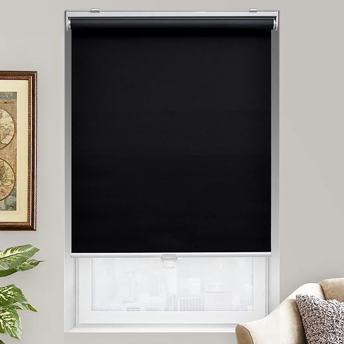 AOSKY Cordless Roller Shades Blackout Blinds for Windows Room Darkening Rolled Up Shades with Spring System, UV Protection Window Shades Door Blinds for Home and Office (47" W x 72" H, Black)