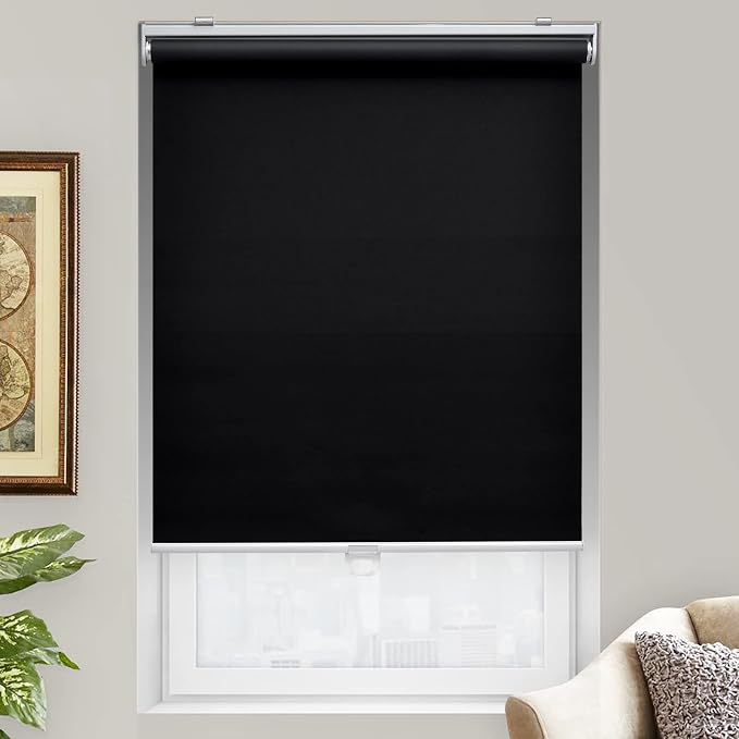 Cordless Roller Shades Blackout Blinds for Windows Room Darkening Rolled Up Shades with Spring System, UV Protection Window Shades Door Blinds for Home and Office (74" W x 72" H, Black)