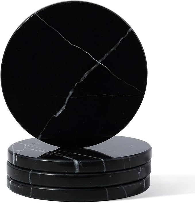 Koville Marble Coaster Set of 4, Round Coasters, 4" Stone Coaster for Drinks Coffee, White Marble Coasters for Coffee Table Home Bar Decor, Heat Resistant, Gift Choice(Black)