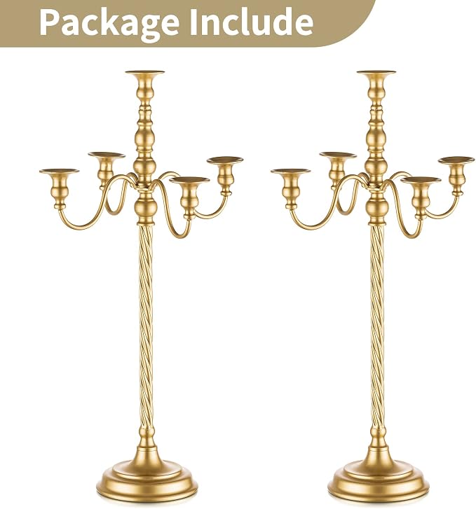Nuptio Tall Candelabra Candle Holder 2 Pcs 28in Floor Candlestick Holders Taper Candle Holders Gold 5 Arm Candelabras Candle Stand Floral Centerpiece for Fireplace Wedding Birthday Reception Event