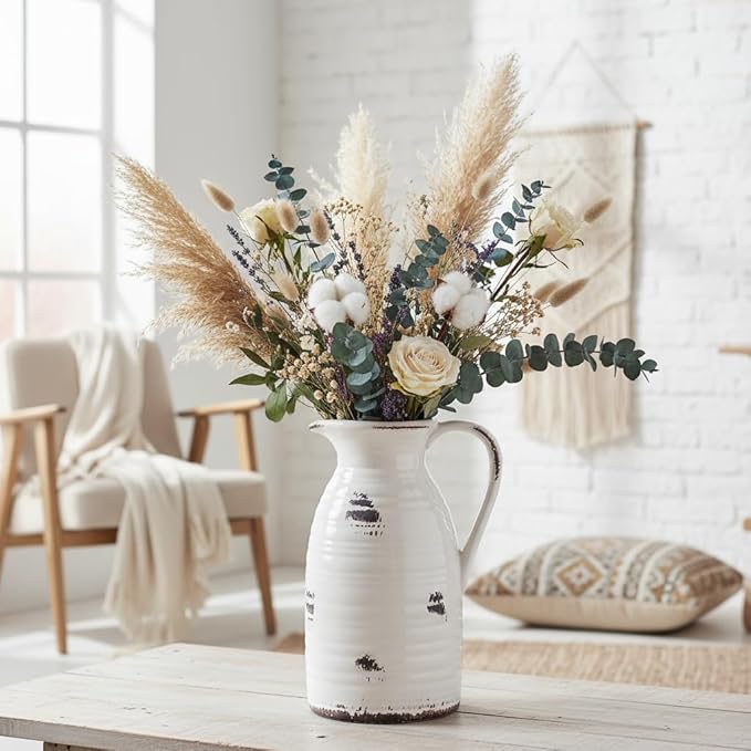 hjn Farmhouse Pitcher Vase for Flowers- Ceramic Pitcher Vase Decrative Pitchers for Your Kitchen/Home Decor/Office/Living Room/Bookshelf/Mantel/-White and Antique