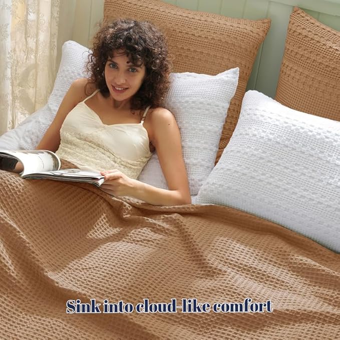 PHF 100% Cotton Waffle Weave Euro Sham Covers, 2 Pack 26" x 26" Bed Pillow Covers for Elegant Home Decor, No Filling, Luxury Aesthetic Soft Euro Pillow Cases for Bed, Clay