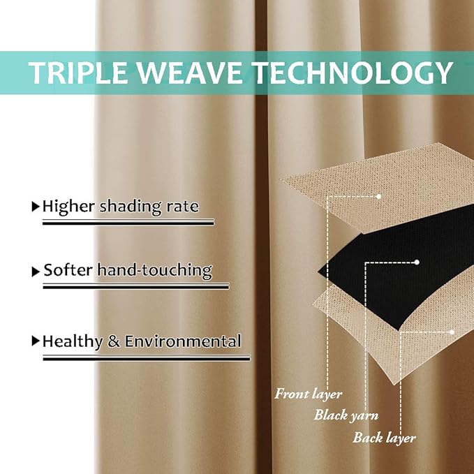 NICETOWN Bedroom Full Blackout Curtain Panels, Super Thick Insulated Window Covers, Complete Blackout Draperies with Black Liner for Short Window(Biscotti Beige, Set of 2 PCs, 62 by 63-inch)