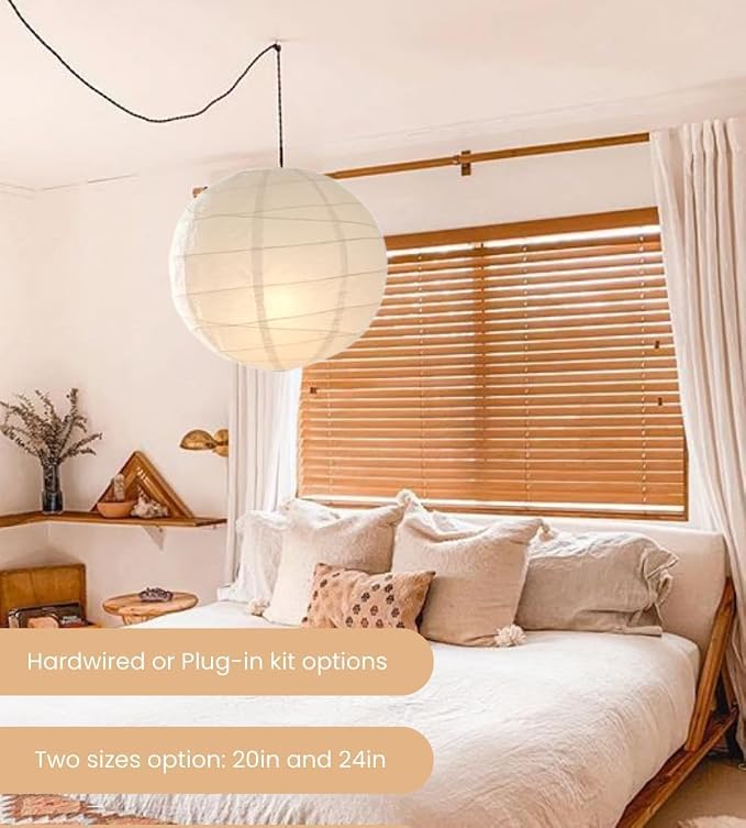 Nogy Japanese Style Lantern Pendant Light - Off White Round Handmade Rice Paper Lamp Shade with Cord Kit (Hardwired, 23.5 in)