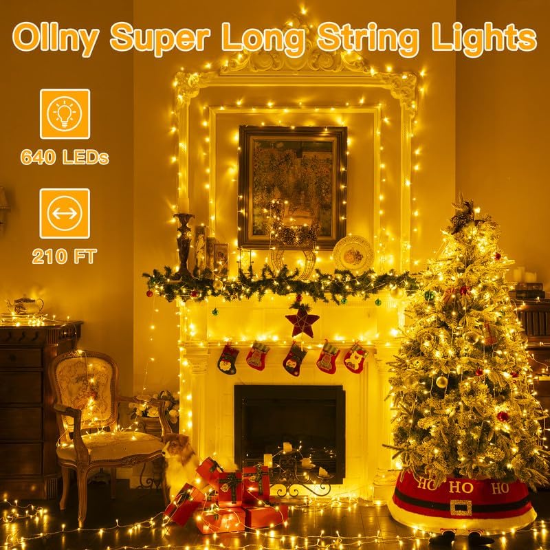 Ollny Christmas Lights, 210FT 640LED Christmas Tree Lights with 11 Modes Remote Control IP44 Waterproof, Warm White to Multicolored Outdoor Christmas Lights for Outside Indoor Patio Xmas Decorations
