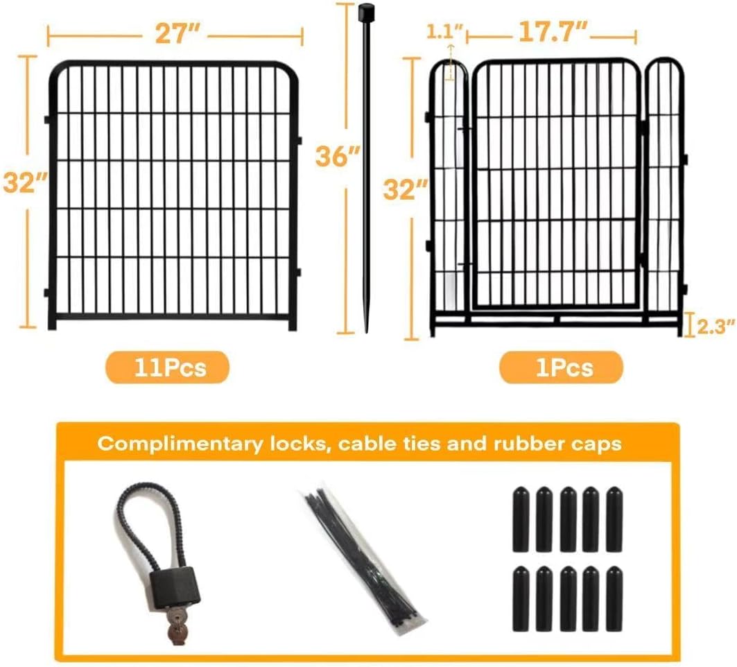 Garden Fence with Gate 32 in(H)×26.6 Ft(L) 12 Panels, Heavy Duty Iron Animal Barrier Fence for Yard, Suitable for Indoor Pet Fence Or Outdoor Dog Fencing