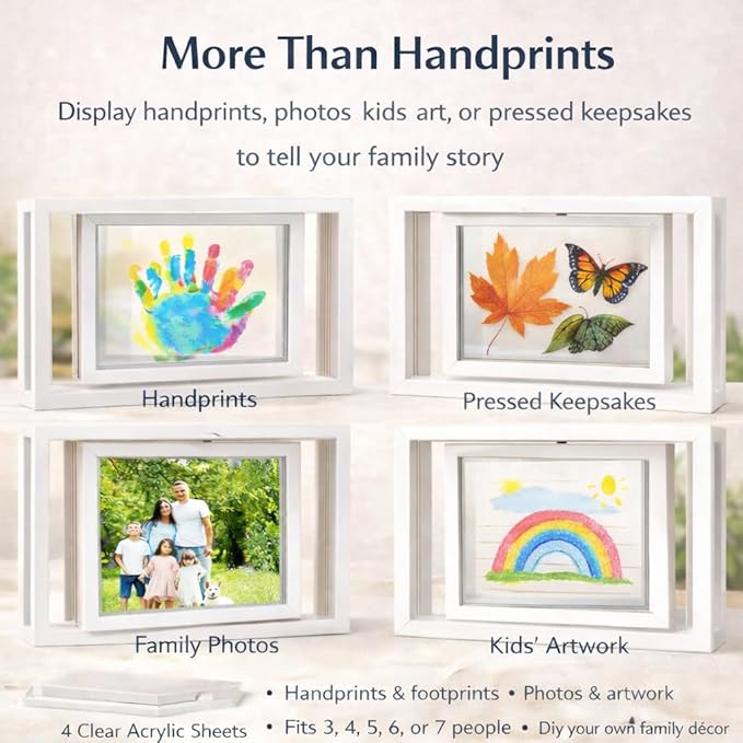 Family Handprint Frame Kit, Dual Rotating Photo & Handprint Display, DIY Keepsake Craft with Wooden Frame, Non-Toxic Paints, Baby Hand & Footprint Kit, Gift for Grandparents & New Parents (White)