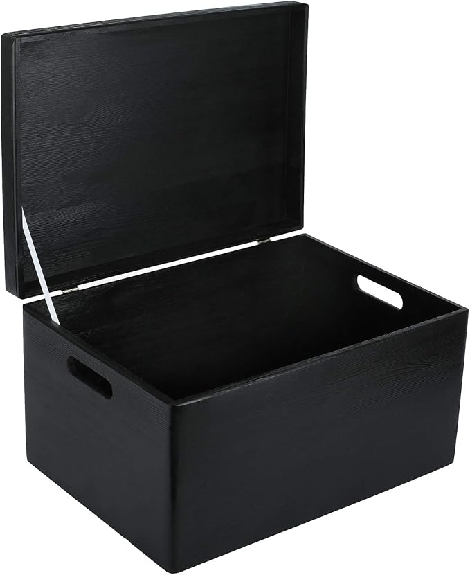 Creative Deco Large Black Wooden Box Storage with Hinged Lid | 15.8x11.8x9.44in (+-0.5) | Keepsake Gift Box Storage Document | Wood Chest Trunk PRODUCT NOT INTENDED FOR 15 YEARS OR BELOW | Solid pine storage box with a lid for keepsakes, crafts, statio...