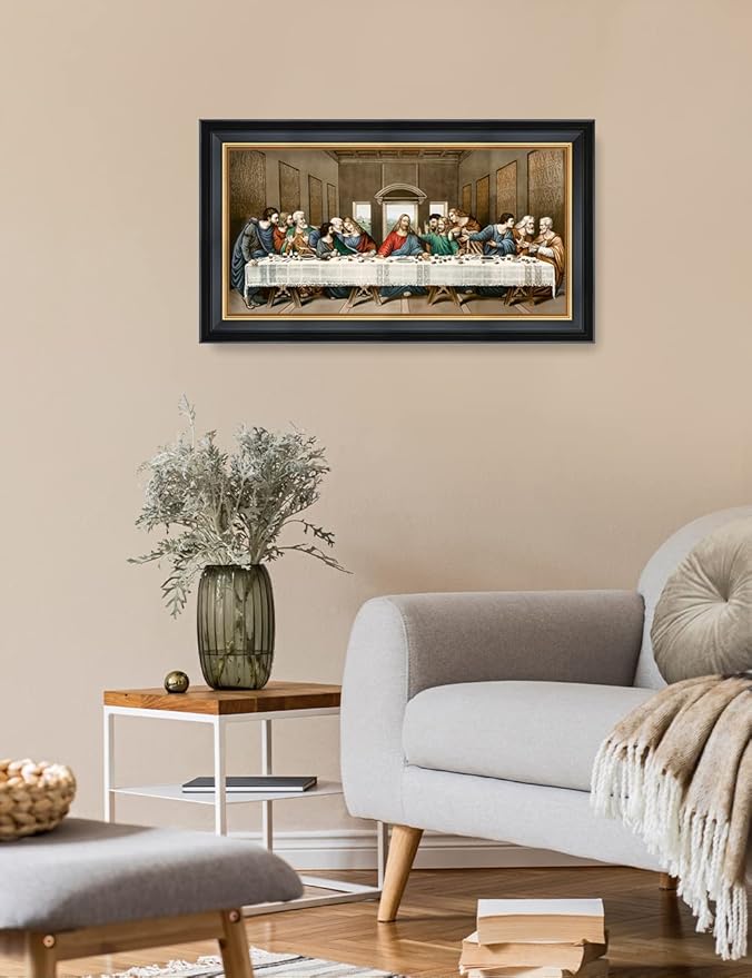 DECORARTS - The Last Supper by Leonardo Da Vinci Giclee Reproducation, Giclee Prints Acid Free Cotton Canvas with Matching Black Gold Solid Wooden Frame. Total Framed Size: 27" W x 15" H