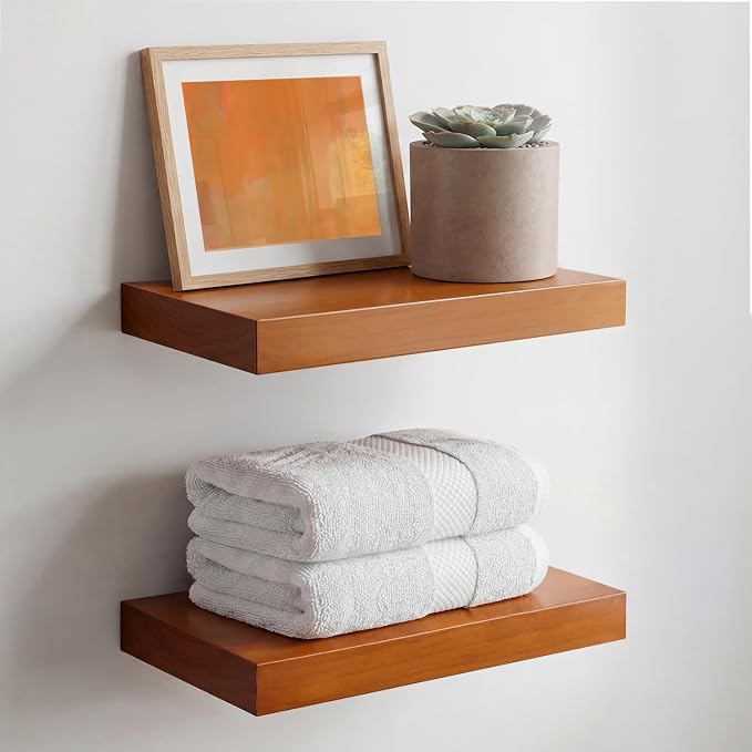 Homeforia 12 inch Oak Floating Shelf, High End Solid Real Wood 12inch Small Floating Shelves for Wall Mounted, Honey Oak Wooden 12in Floating Shelves, Heavy Duty Bracket, 12 X 6.5 X 1.75 in, Set of 3