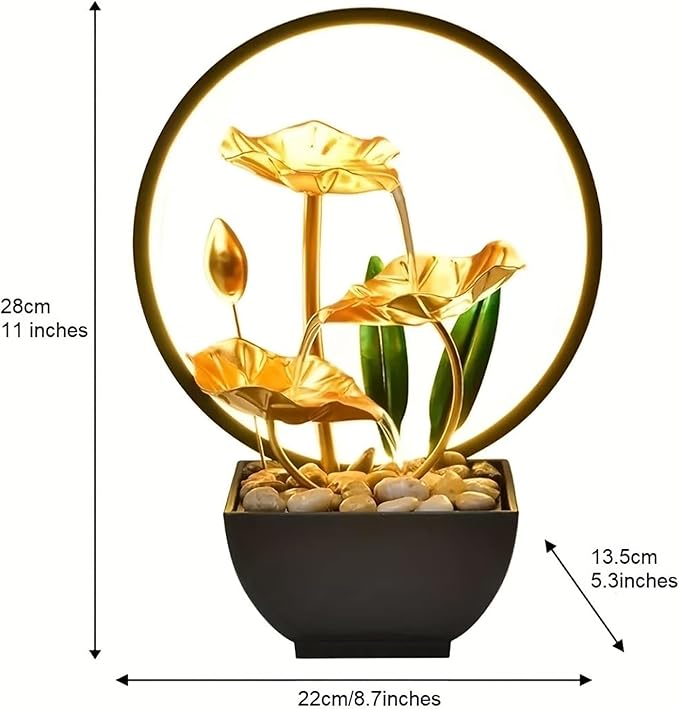 Tabletop Fountain with Led Light, 11IN Gold Lotus Indoor Waterfall Fountain USB Powered Zen Table Water Fountains with 1 Replacement Water Pump