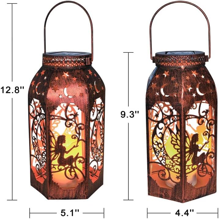 Solar Lanterns Outdoor Garden Hanging Lantern Waterproof LED Metal Bronze Moon Fairy Lantern Waterproof Flickering Flameless Candle Mission Lights for Table,Patio,Mother's Day Gift(2Pack)