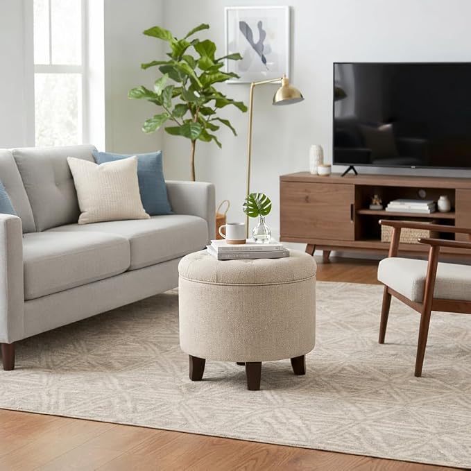 HomePop 19" Button Tufted Round Storage Ottoman - Tan Woven