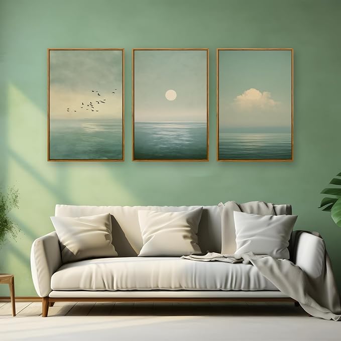 QTUSYUR Japandi Wall Art - Large Farmed Minimalist Sage Green Sunset Art Print - Abstract Calm Seascape Artwork for Bedroom Yoga Room - Scandinavian Zen Peaceful Wall Picture for Home Decor 16”×24”×3