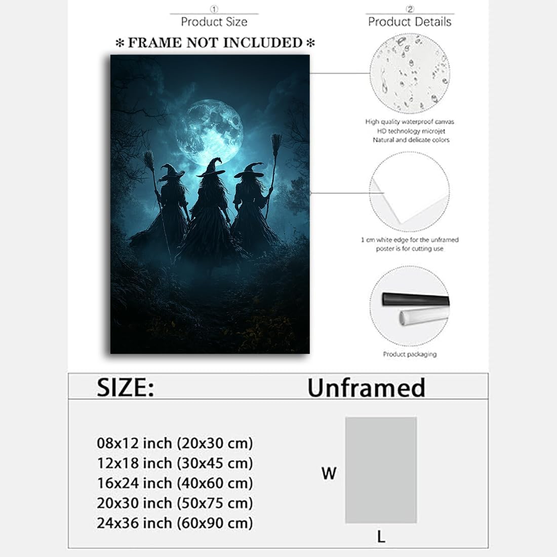 Moonlight Witches Halloween Canvas Art Picture,Three Witches on Broom in Forest Painting Print Gothic Decor,Halloween Witch Poster Witchy Room Aesthetic Bedroom Home Decorations,20"x30" Unframed