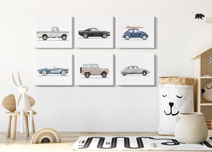 Blue Car Wall Art Decor Boys Room Wall Art Vintage Cars Canvas Poster Pictures Toddler Kids Room Prints Watercolor Vehicle Artwork Painting for Boys Bedroom Nursery 8x10 Inch Framed Set of 6