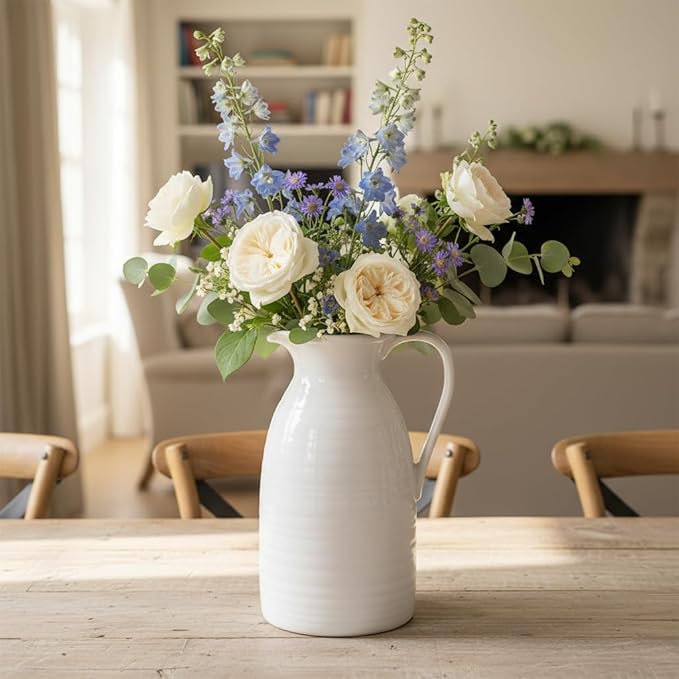 hjn Farmhouse Pitcher Vase for Flowers- Ceramic Pitcher White Flower Vase for Your Kitchen/Home Decor/Office/Living Room/Bookshelf/Mantel/-White