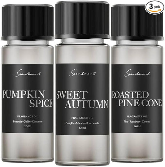 Scentiment Fall Fragrance Oil Set – 3 Autumn Scents (20 mL Each) | Sweet Autumn (Vanilla & Spiced Leaves), Pumpkin Spice (Cinnamon & Clove), Roasted Pine Cone (Smoky Wood & Pine) | Home Aromatherapy