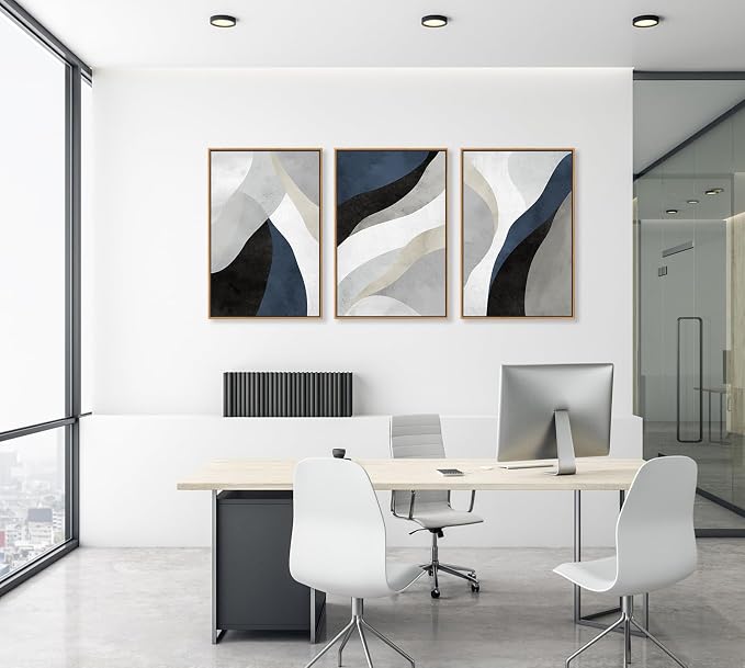 Large Abstract Framed Wall Art - Canvas Wall Art Pictures Prints for Living Room Decor Natural Float Framed Artwork for Bedroom Kitchen Home Office Decoration 48" X 24" Set of 3 Blue Grey