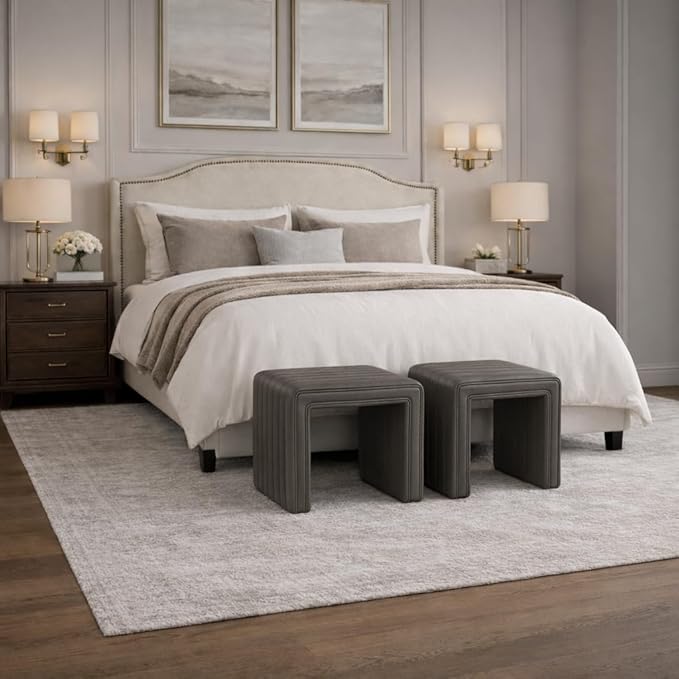 HomePop Modern Channel Tufted Faux Leather Ottoman|Homepop Home Décor|Ottoman for Living Room & Bedroom - Pewter Gray Faux Leather