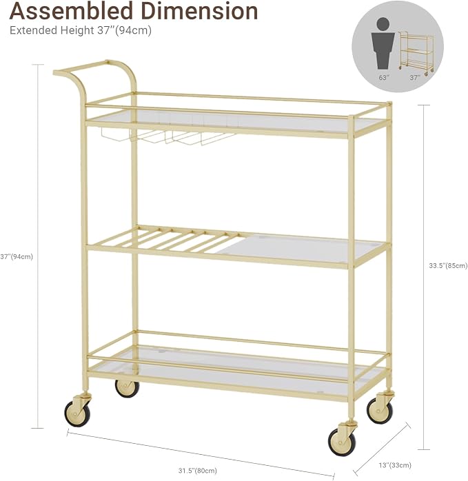 Gold Bar Cart, Home Bar Serving Cart with Handle, Wine Cart with 3-Tier Glass Shelves, Beverage Cart with Wine Rack and Glass Holder, Bar Carts for The Home, Dining Room, Living Room
