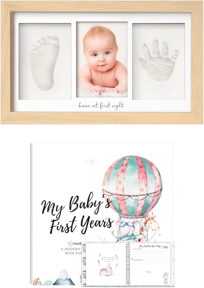 KeaBabies Baby Hand and Footprint Kit and First 5 Years Baby Memory Book Journal - Baby Footprint Kit, 90 Pages Hardcover First Year Keepsake Milestone Baby Book, Newborn Keepsake Frame