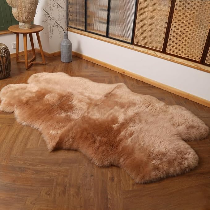 IRIWOOL Premium Genuine Fur Sheepskin Rug Real Australia Sheepskin Natural Luxury Fluffy Lambskin Fur Area Rug Seat Covers for Kids Bedroom Sofa Chair Cover (Light Brown, 4ft x 6ft)