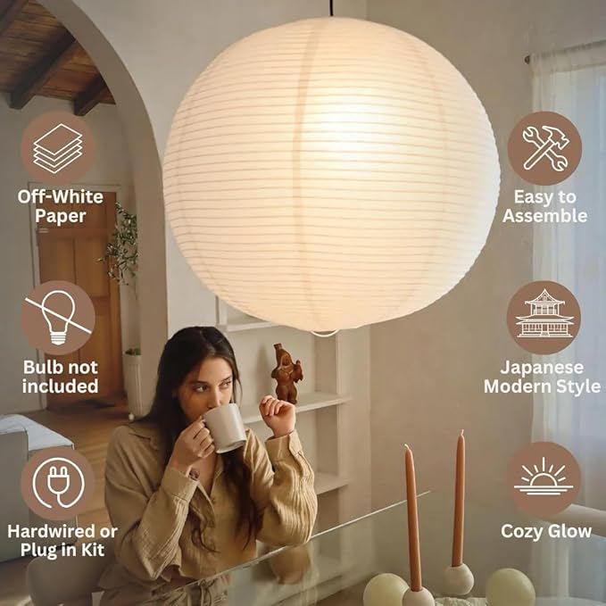 Nogy Japanese Style Lantern Pendant Light - Off White Rice Paper Pendant with Cord Plug in (15ft) 29.5 in