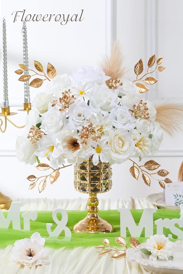 Floweroyal Artificial Flowers Combo Pure White Flowers Mix Silk Flowers Fake Roses with Stems for DIY Wedding Bridal Bouquets, Baby Shower, Floral Arrangement, Table Centerpieces, Home Decorations.
