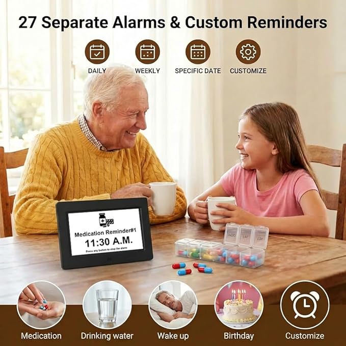 Upgraded Voice-Talking Dementia Clock with Date Time, 27 Alarms Custom Reminders, Sleep Trainer, Large Numbers, Auto DST, 10 Levels Night Dimmer, Digital Calendar Clock for Elderly, with 1.5M Adaptor