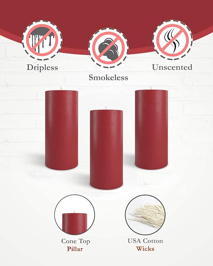 Mottled Pillar Candles by Bask - Set of 6-3" x 6" Dripless Unscented Holiday Candles in Cranberry for Home Decor, Relaxation & All Occasions
