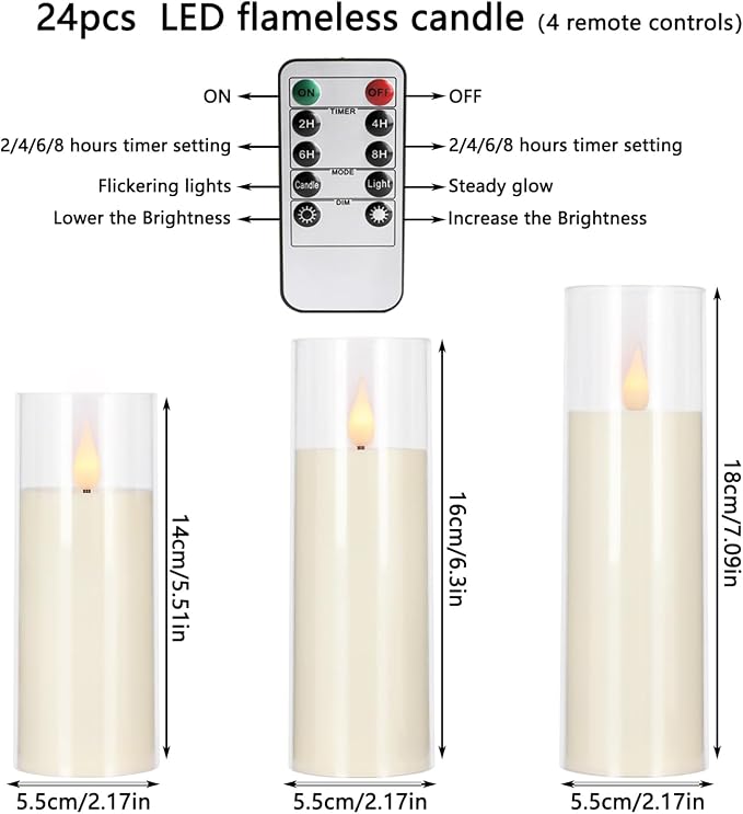 fclayvts 24 Packs of Acrylic LED Candles, Flickering Flameless Candles Battery Operated with Remote Dimmed and Timed, 3D Wick Candles for Home Decor,Wedding,Gift，Parties and Festivals. (3 Size)