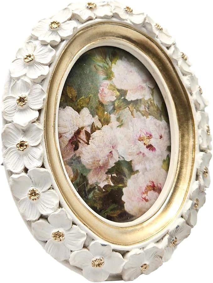 SYLVIA'S SHOP 2.5x3.5 Small Vintage Oval Picture Frame, Mini Antique White Ornate Photo Frame, for Tabletop and Wall Display, Decorative Floral Design Retro Home Decor, Photo Gallery Art
