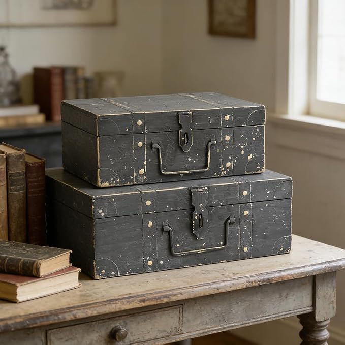 Vintage Metal Storage Trunks - Set of 2, Antique Decorative Storage Chests with Lids, Decorative Suitcase Boxes, Vintage Suitcases for Keepsakes and Home Decor, Black