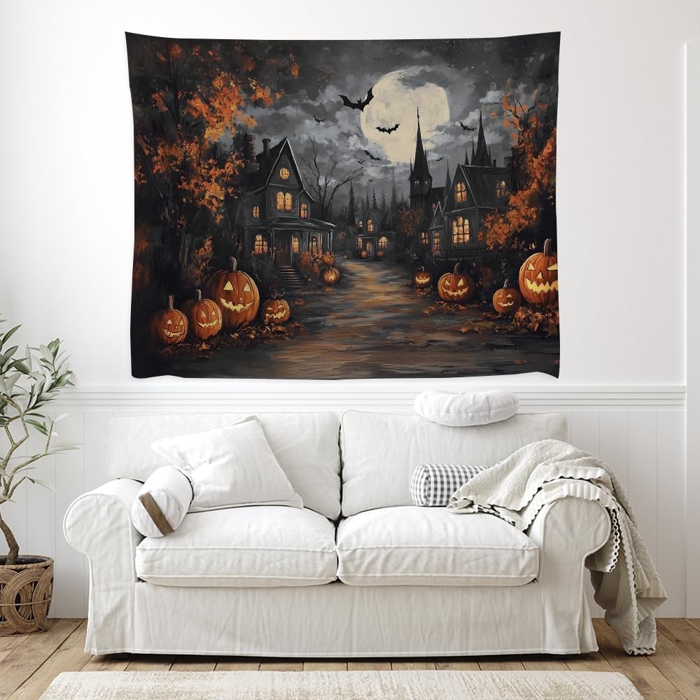 Spooky Halloween Tapestry Haunted Home Bats Pumpkin Tapestry Wall Hanging Dark Academia Fall Full Moon Decor Gothic Ghost Tapestries for bedroom Living Room Decoration 70x90inch