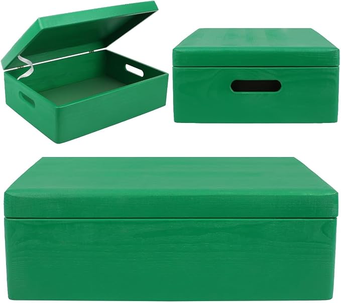 Creative Deco XL Green Wooden Box Storage with Hinged Lid | 15.8x11.8x5.5in (+-0.5) | Keepsake with Handles | Gift Box for Tool Dog Toy Kitchen Storage | Wood Chest Trunk