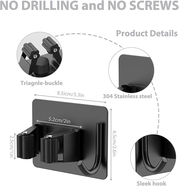 homeasy Mop Broom Holder No Drill, Mop Broom Organizer Wall Mounted Heavy Duty with Hooks Hanger, Self Adhesive Stainless Steel 4Pcs for Bathroom, Kitchen, Office (Black)