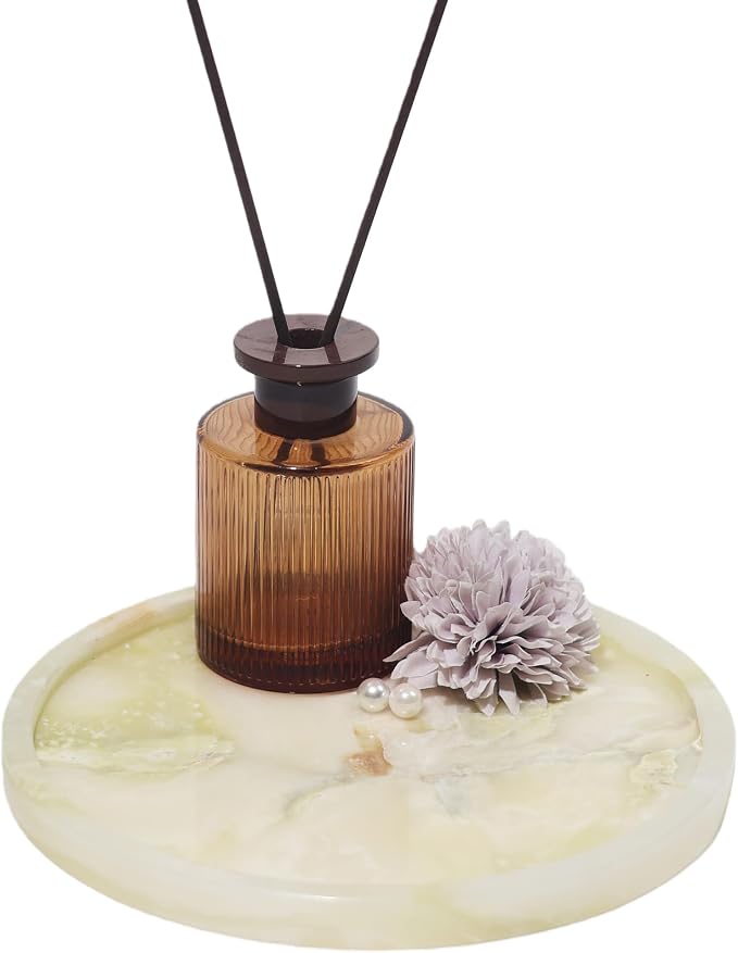 Natural Marble Vanity Tray, Round, 8.3 Inch, Green Jade | Anti-Slip Pads, For Bathroom, Jewelry & Perfume Display, Coffee Table Decor