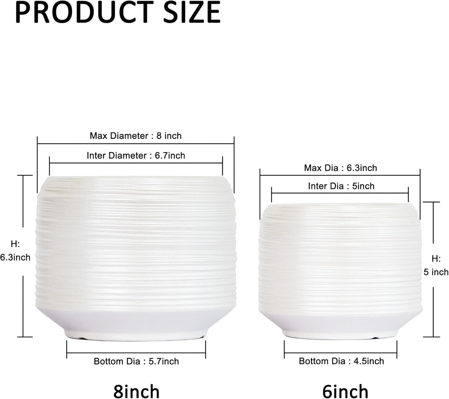 8 Inch + 6 Inch Ceramic Plant Pots Indoor with Drainage – Flower Pot Set, Decorative Indoor Planters for House Plants and Garden Use