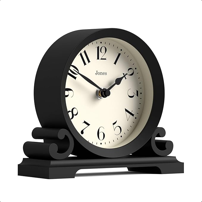 JONES CLOCKS® Saloon Mantel Clock | Small Traditional Double Scroll Design | Black | Contemporary Classic Style for Desk, Table, Shelf or Bedside