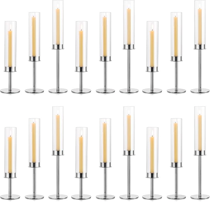 Silver Candle Holders for Candlesticks - Taper Candle Holders with Removable Glass, Tall Silver Candlestick Holders, Candle Stand Candle Sticks Long Holder for Table Centerpiece, Home, 18Pcs