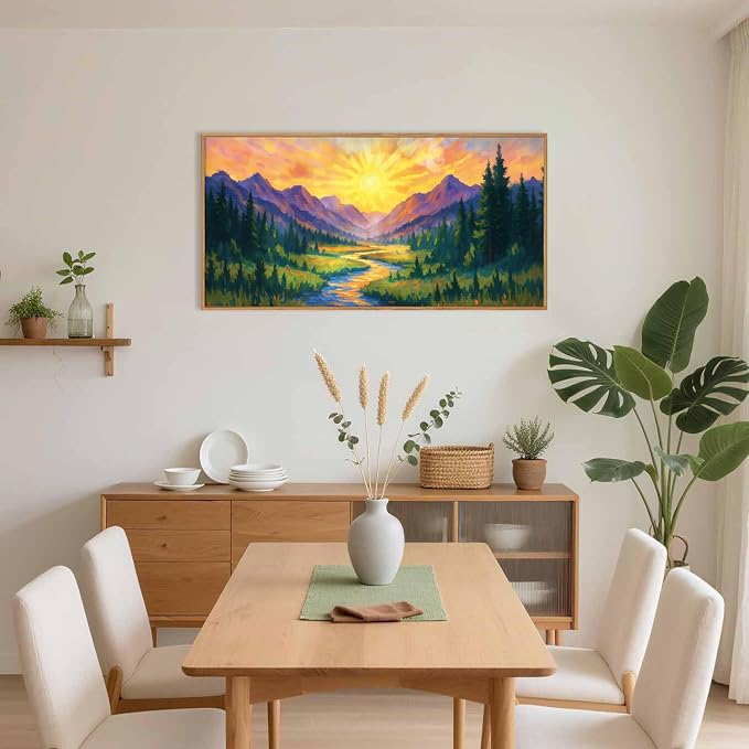 HPNIUB Boho Mountain Sunrise Framed Canvas Wall Art Set,Nature Colorful Wilderness Wall Decor,Abstract Landscape Art Print,Sunset Pine Tree River Artwork for Living Room, Bedroom,Dining Room,Office -20''x40''